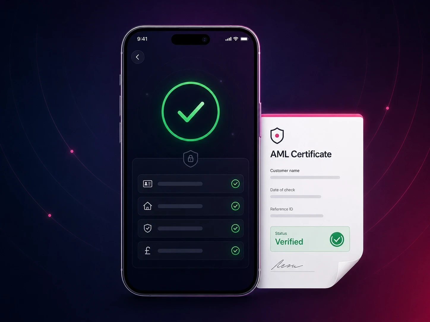 A completed AML check on a phone showing a green Verified tick, with the branded AML certificate PDF beside it confirming identity, address, PEP & sanctions and source-of-funds checks all passed.