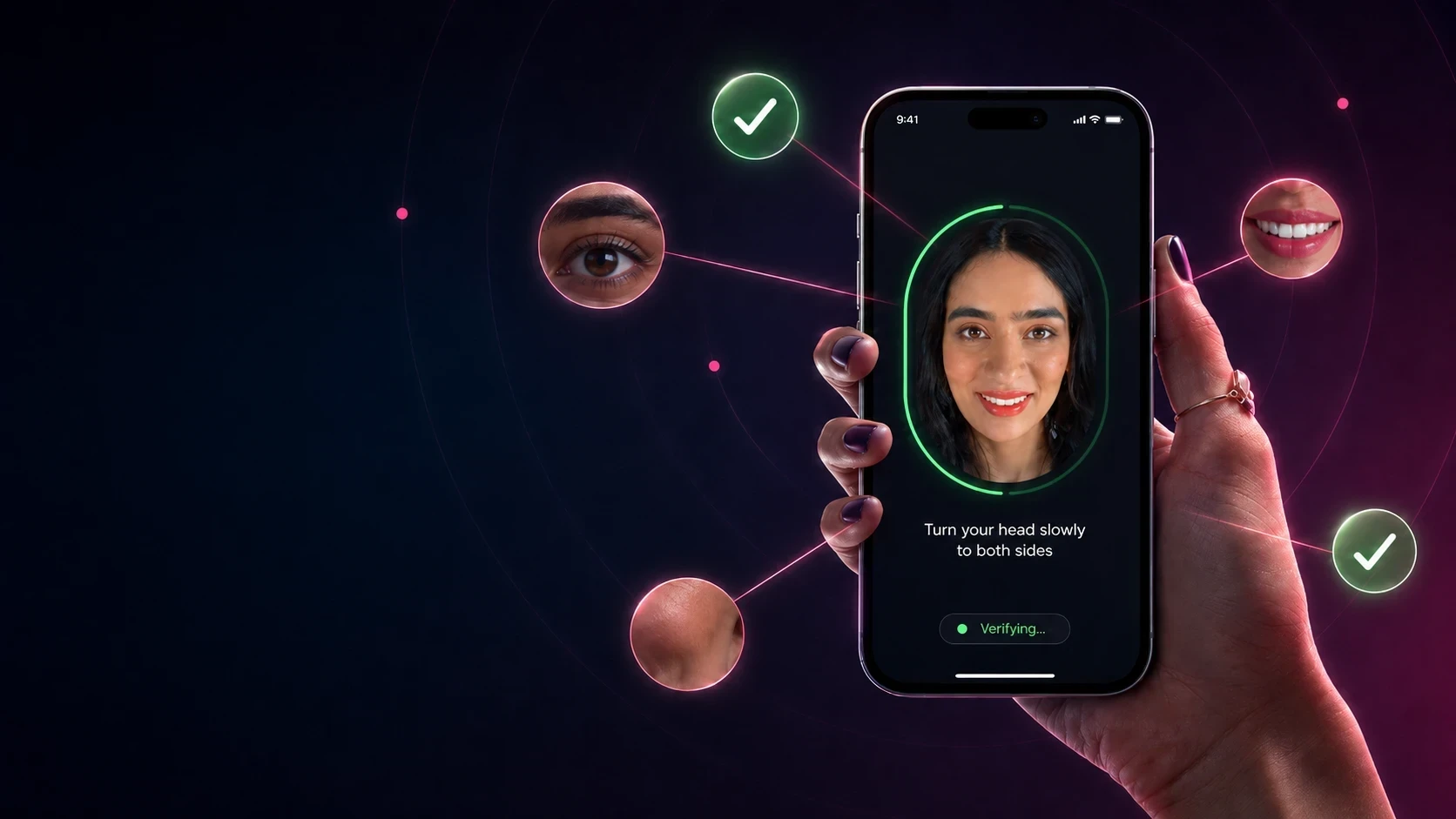 A client completing a live facial-verification selfie on their phone, surrounded by connected verification nodes — illustrating identity that is verified once and recognised across the Home.co.uk network.