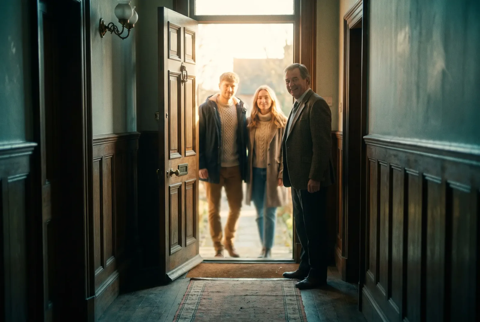 An estate agent welcoming a couple through the front door of a period home
