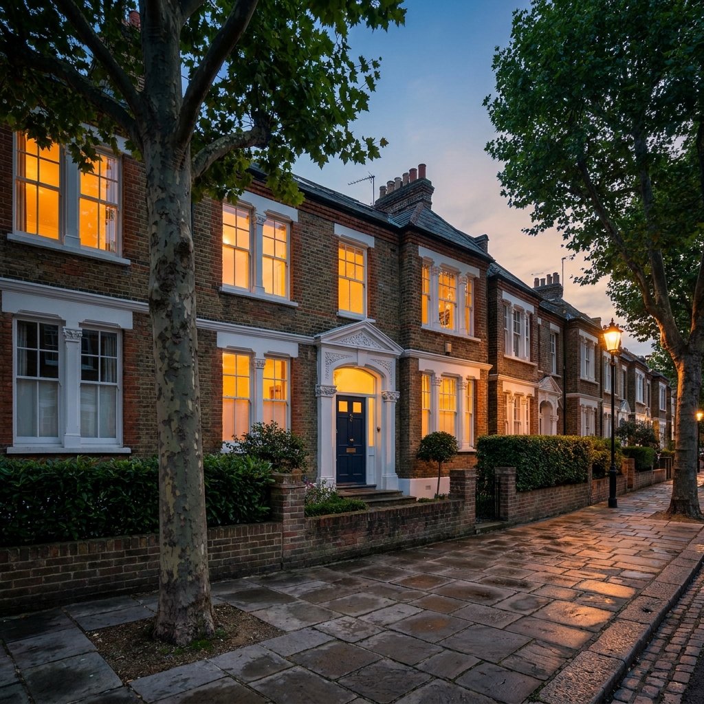 Lit terraced townhouse at dusk to rent