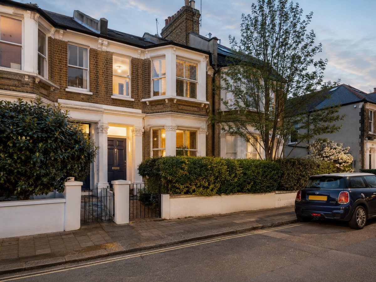 Lit terraced townhouse at dusk to rent