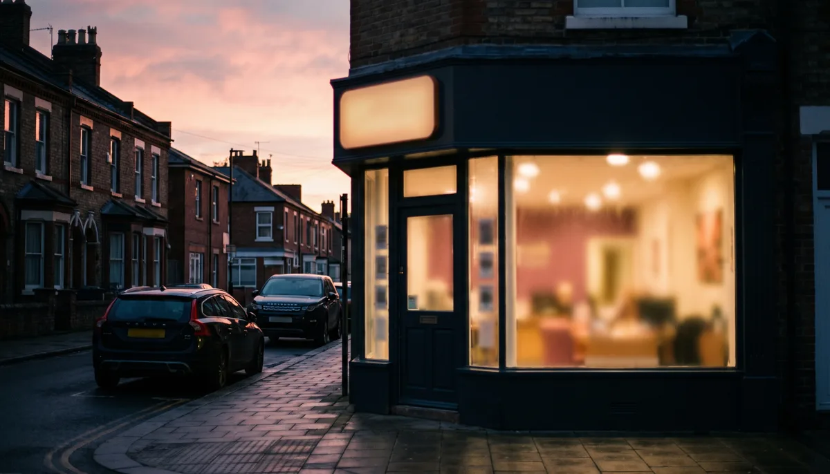 A modern British estate agency shopfront glowing warmly from within at dusk, on a quiet high street