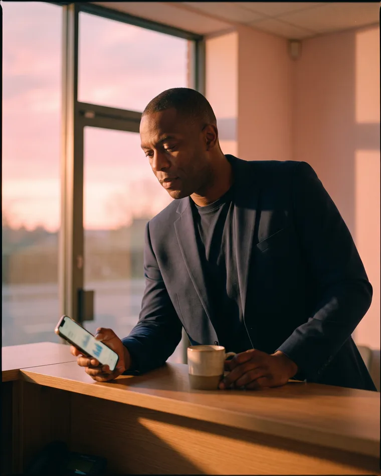 An estate agent checks their phone at a reception desk, a mug of coffee beside them and warm evening light through the window
