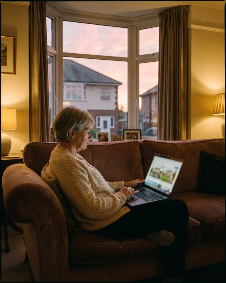 Someone browses property listings on a laptop in a British living room in the evening, a house visible through the window behind them
