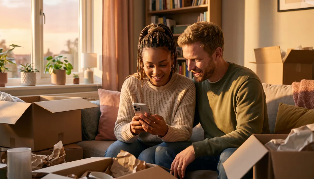 A couple sit on their sofa surrounded by moving boxes, one of them asking an AI assistant on their phone which estate agent to use