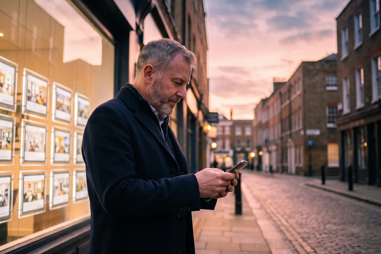 An independent estate agent checks his phone outside his high-street shopfront in the evening