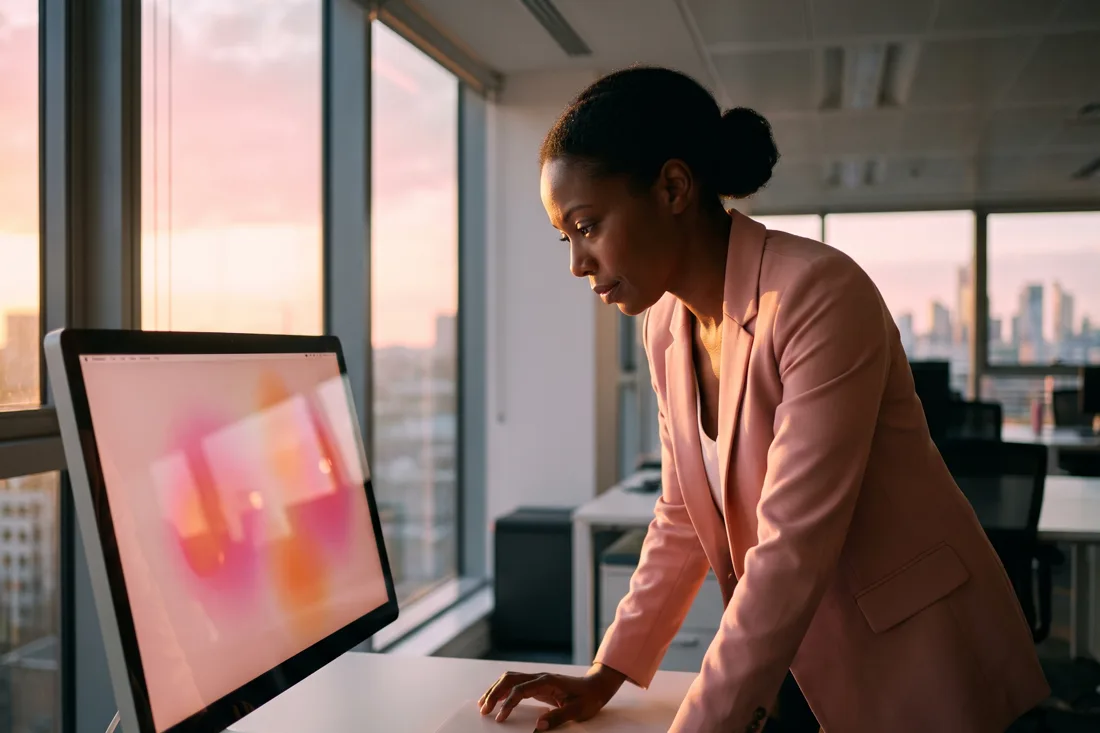 A marketing manager reviews a dashboard of charts on a widescreen monitor in a modern estate agency office