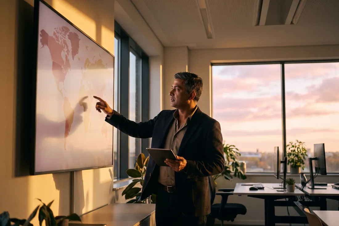 A regional estate agency director points to a map of branch territories on a wall-mounted screen