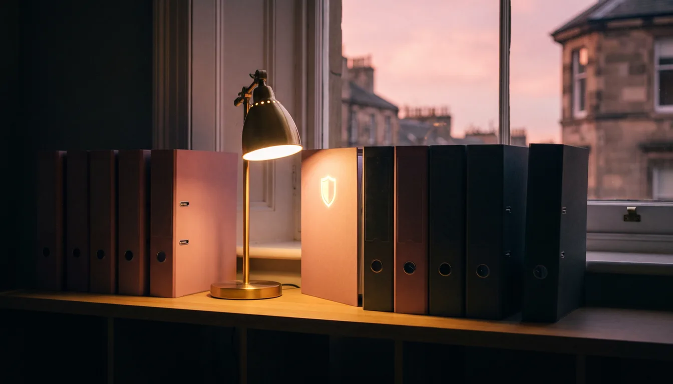 A shelf of branded document folders in a British estate agent office at dusk, one folder glowing softly with a shield motif