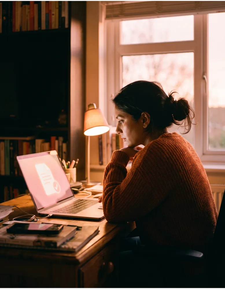 An estate agent at a branch office desk late in the evening, studying a laptop screen showing a document sealed with a checkmark badge