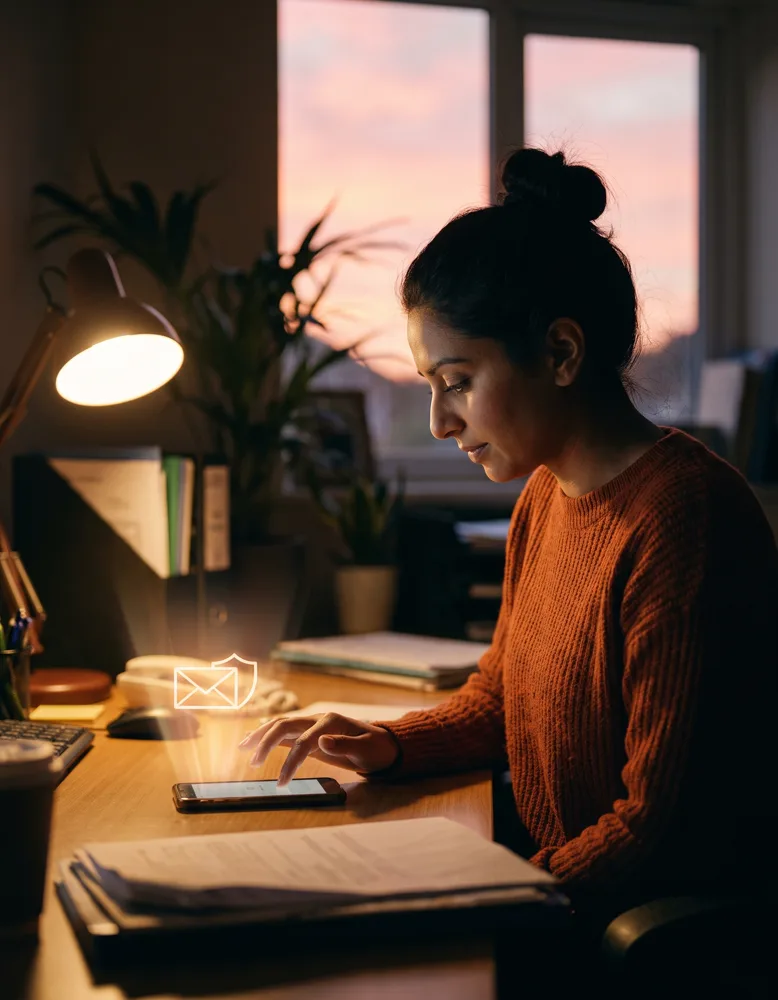 An estate agent's hand tapping send on a phone at a branch office desk, a soft envelope-and-shield glow lifting from the screen