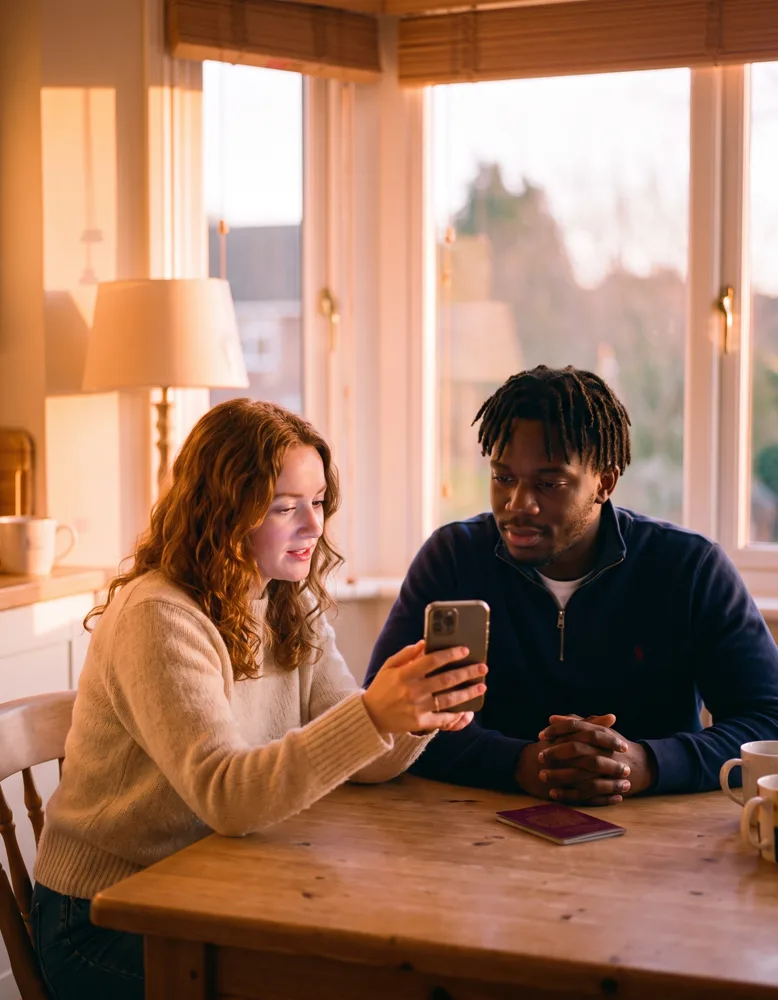 A couple at their kitchen table in the evening, one holding up a phone to photograph their own face for identity verification, a passport on the table