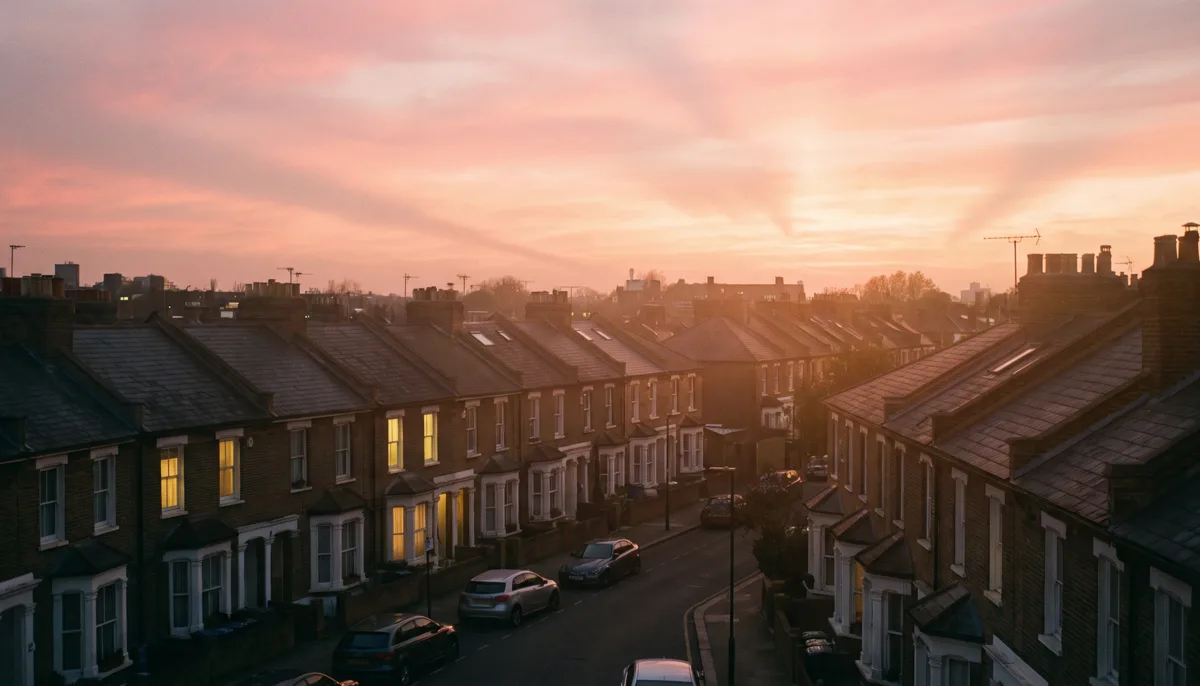 A British high street at dusk, terraced houses and shopfronts glowing warmly, soft rose-pink beams of light rising from the rooftops into the night sky