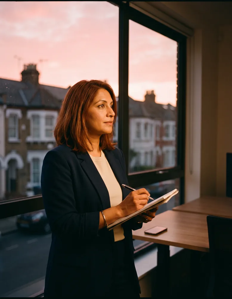 An estate agent stands at her branch window at dusk with a notepad, looking out over a row of British terraced houses