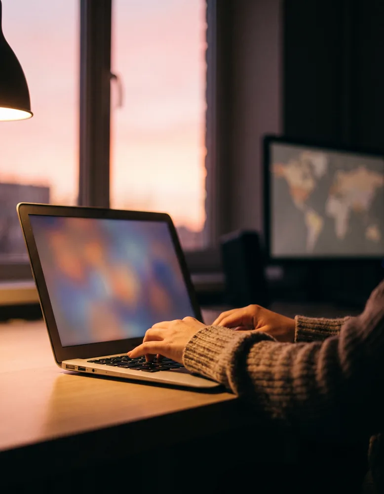 Close-up of an estate agent's hands typing on a laptop at night, the screen showing an outline with a local map on a second monitor