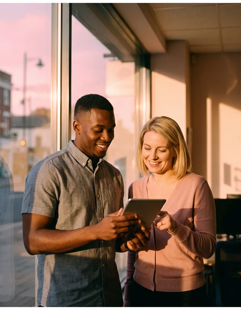 Two estate agents smiling together while looking at a tablet showing a finished article layout, evening light through the shopfront window