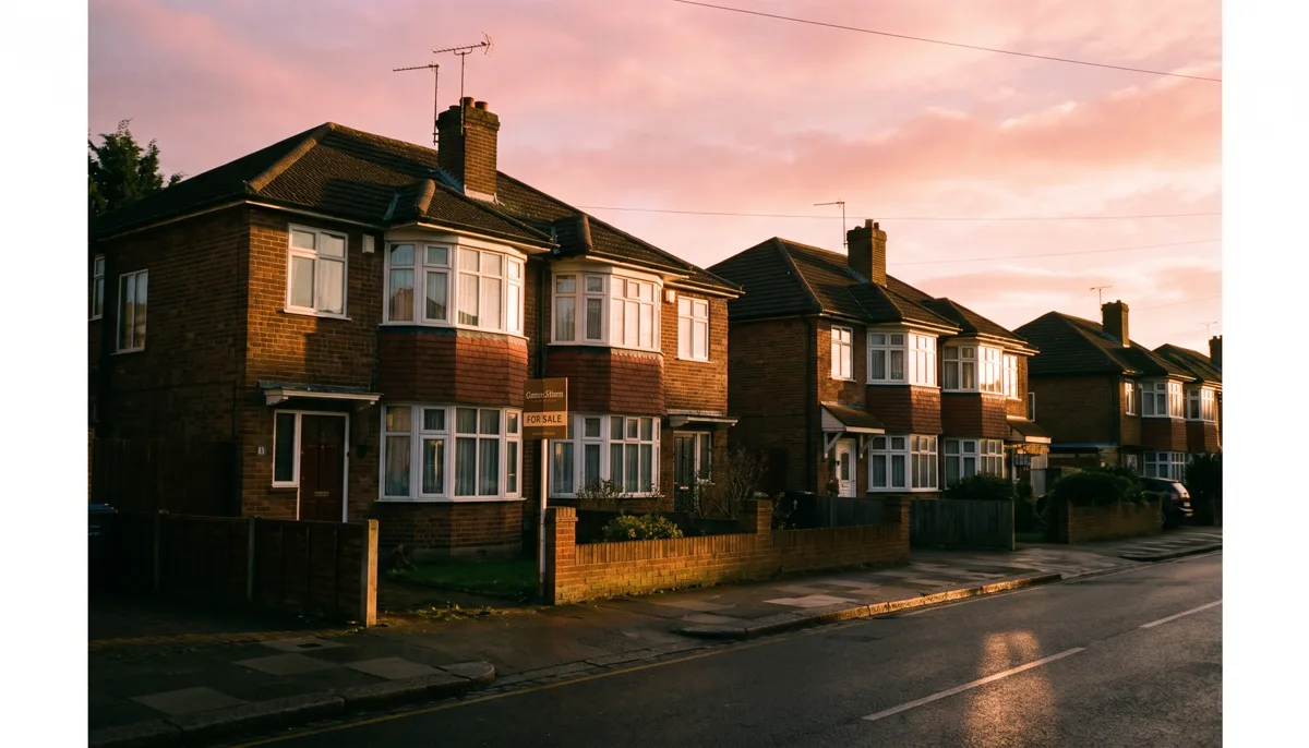 A British semi-detached house at dusk with its for-sale board glowing warmly, signalling fresh activity