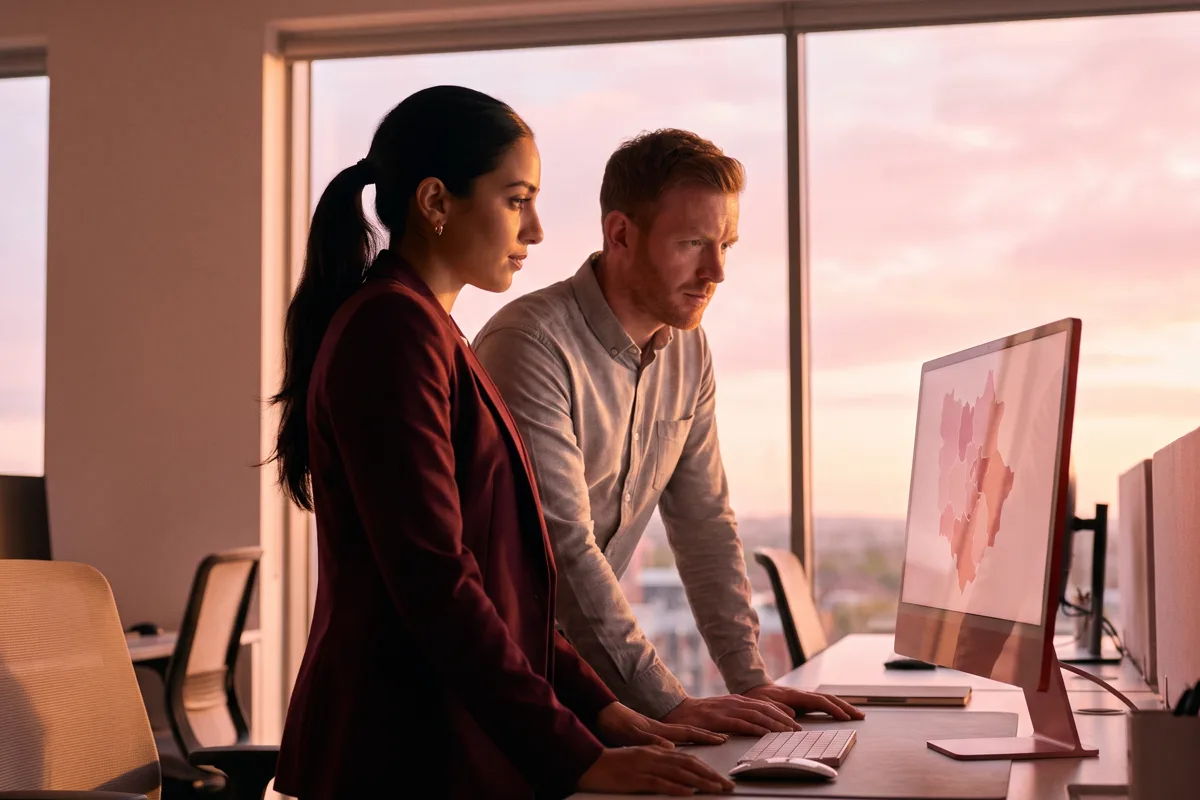 Two estate agents in a modern branch office looking at a screen together