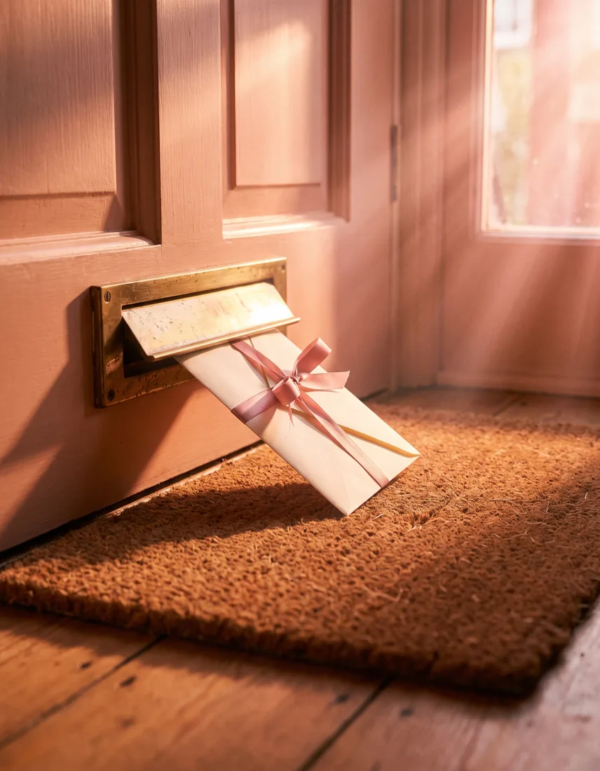 A branded letter dropping through a British front door letterbox onto a doormat