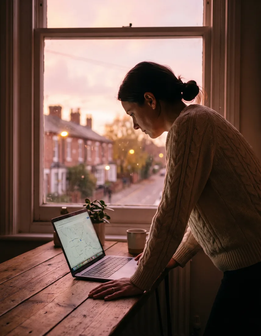 An agent leans over a laptop showing a glowing map of scored addresses across a residential street
