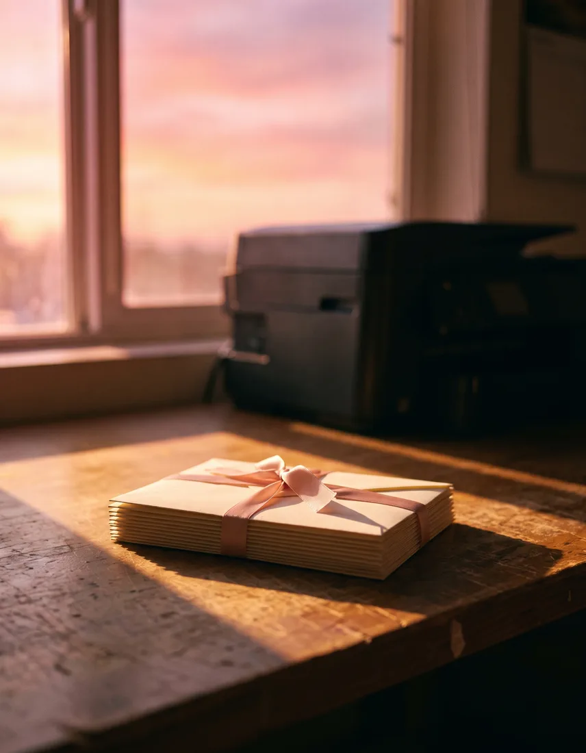 A neat stack of plain branded envelopes on a worktable with a modern digital printer behind