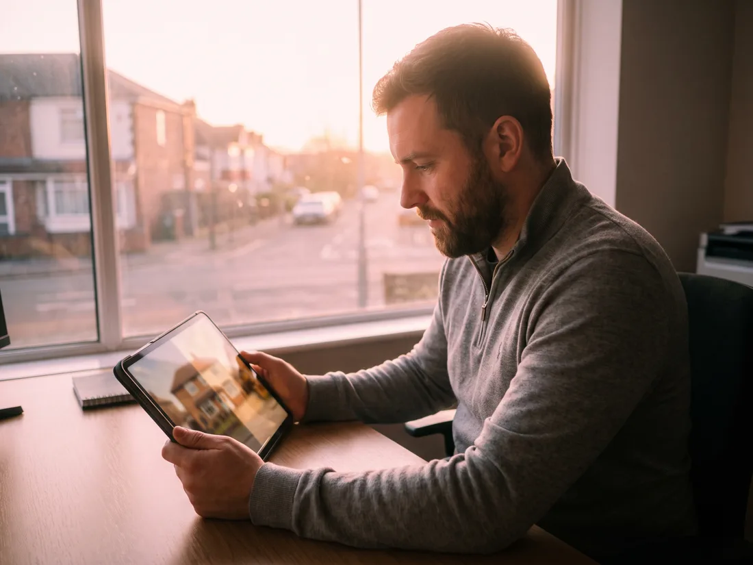 An estate agent working on a tablet, a property photo mid-edit with a soft light sweep dividing a dull half from a vividly enhanced half