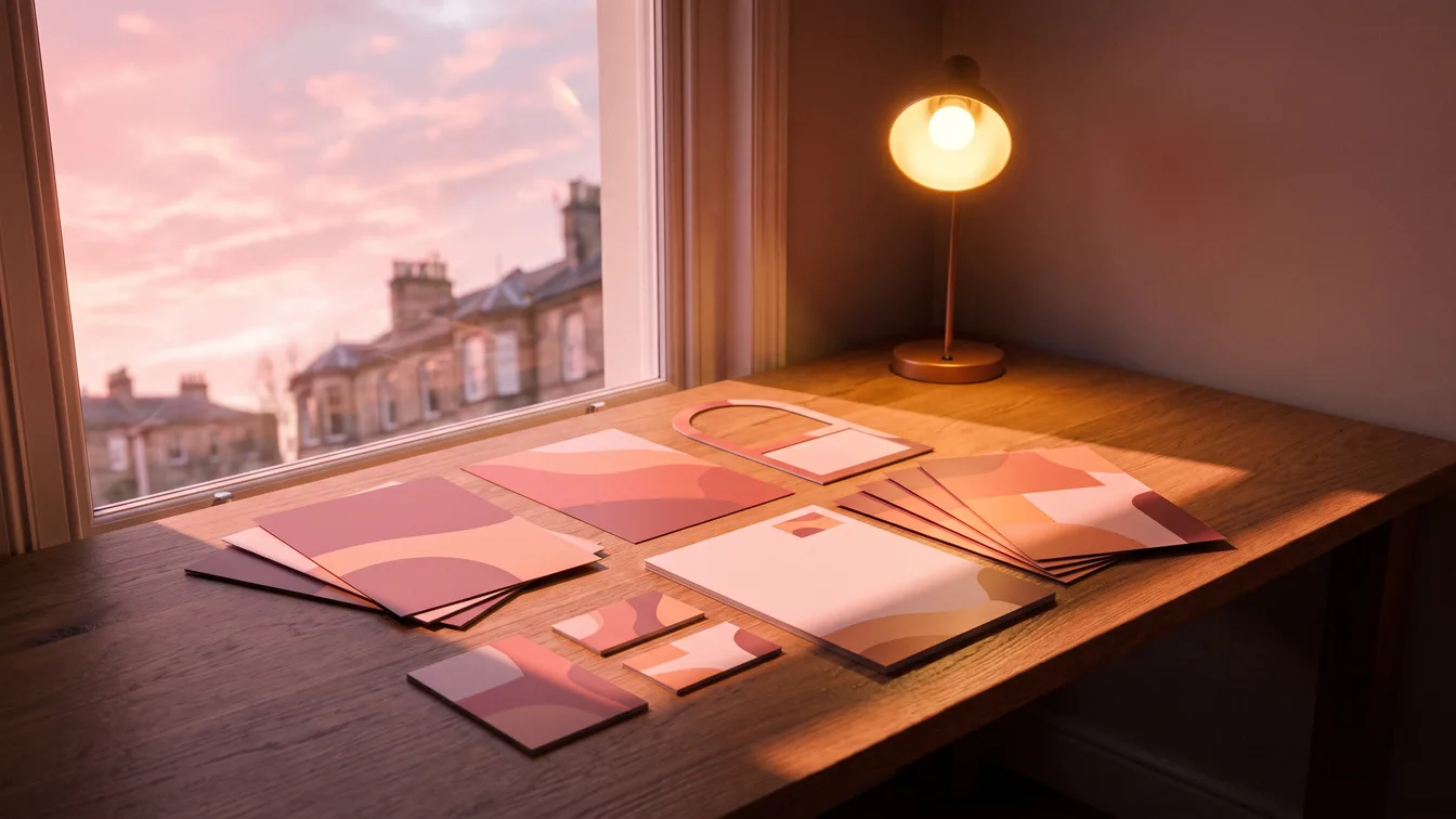An overhead flatlay of branded estate agency materials — a printed card, a window card, a phone showing a social post and paint swatches — all sharing the same colour palette