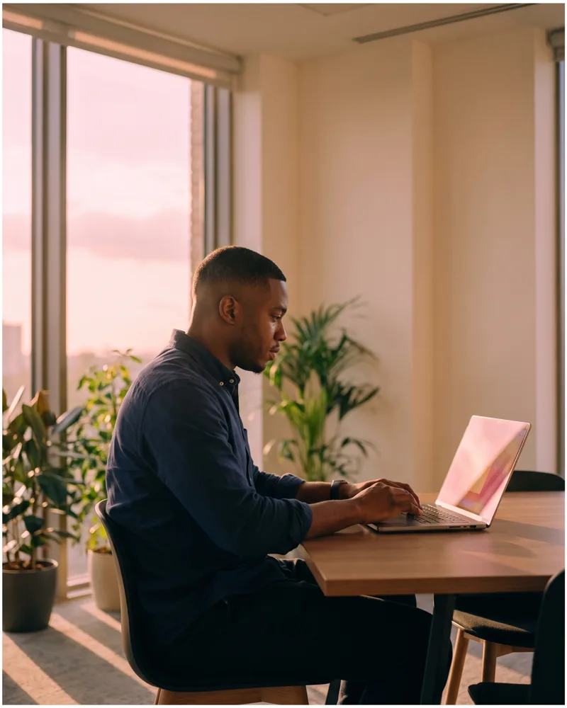 An estate agent designing at a laptop in a bright office, the screen glowing with a colourful grid of layout blocks