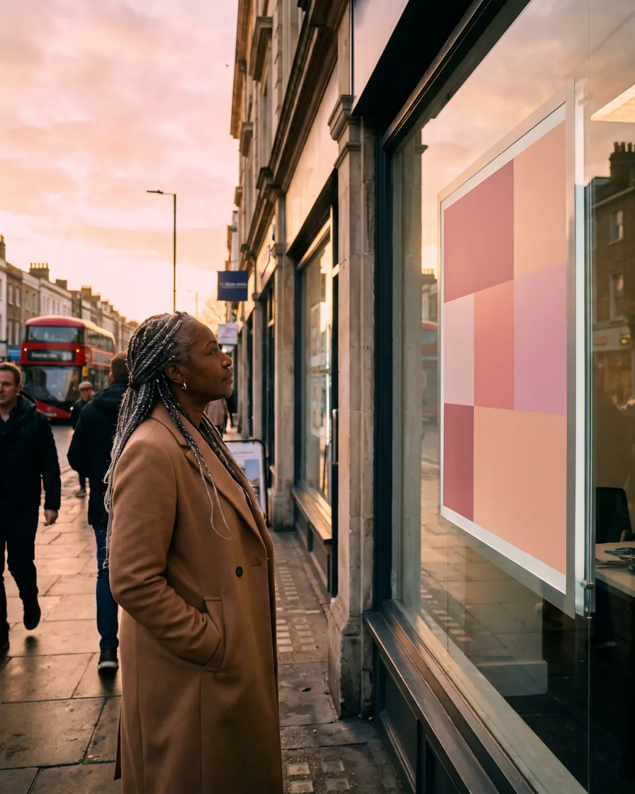 A modern British shopfront window displaying a large colourful branded poster, a passer-by glancing in