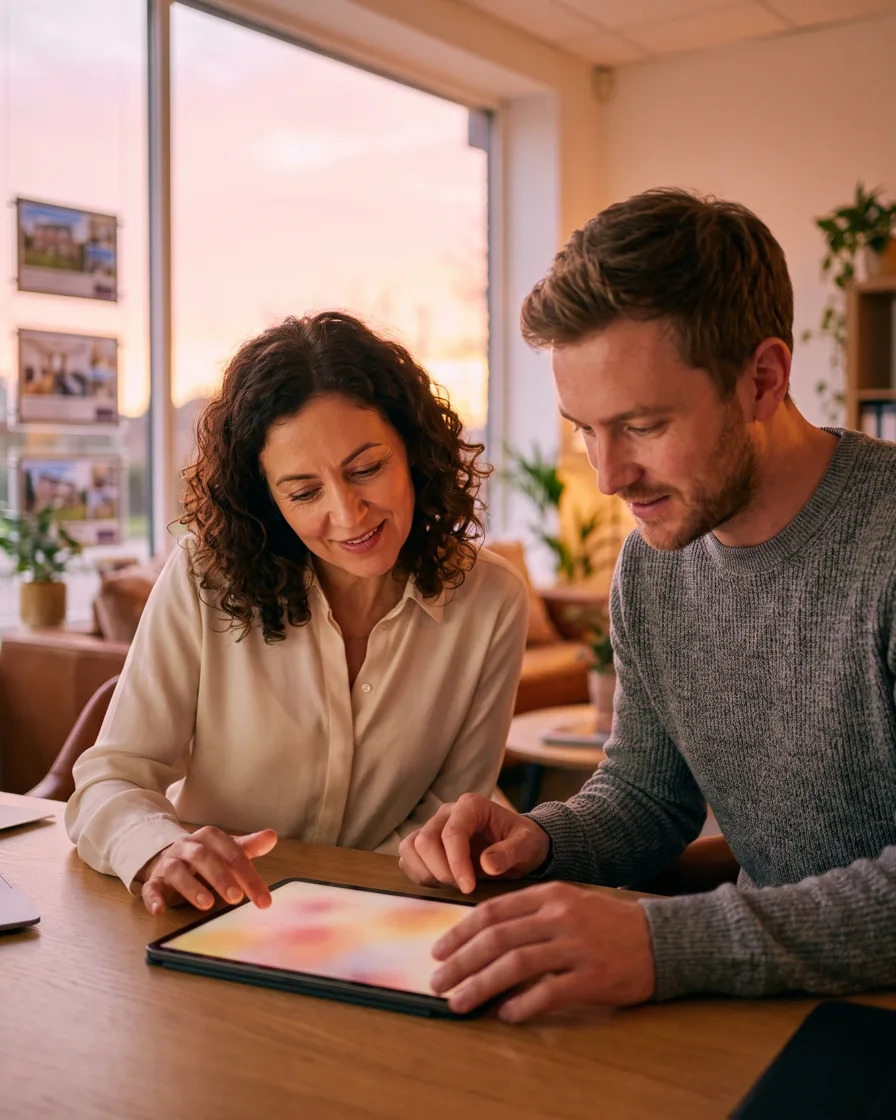 Two estate agent colleagues reviewing a colourful design layout together on a tablet