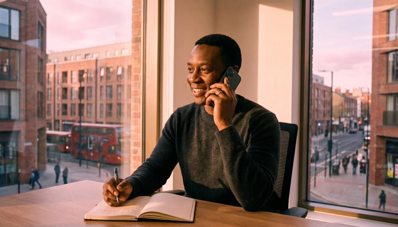 An estate agent smiling on a phone call at a desk, notepad in hand, on a modern British street