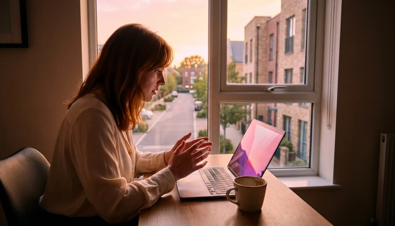 An estate agent studying a laptop screen at a desk, coffee beside it, on a modern British residential street
