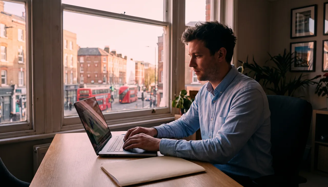 An estate agent's hands at a laptop keyboard, a plain folder on the desk, on a modern British new-build street outside the window