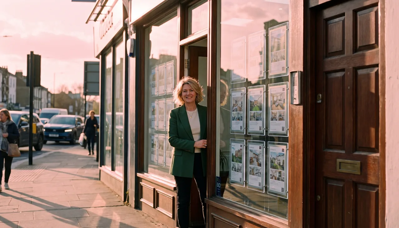 The glass-fronted shopfront of a small independent British estate agency on a modern high street in late-afternoon sunlight