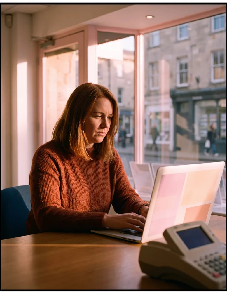 An estate agent at her laptop in a bright high-street office, having just entered her CRM's feed details, with an older CRM terminal on the desk beside her