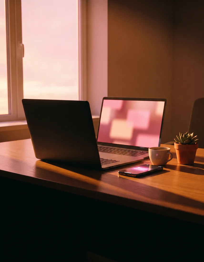 An empty agency desk in late-afternoon light, a laptop left open with listings updating on their own and a phone glowing with a notification