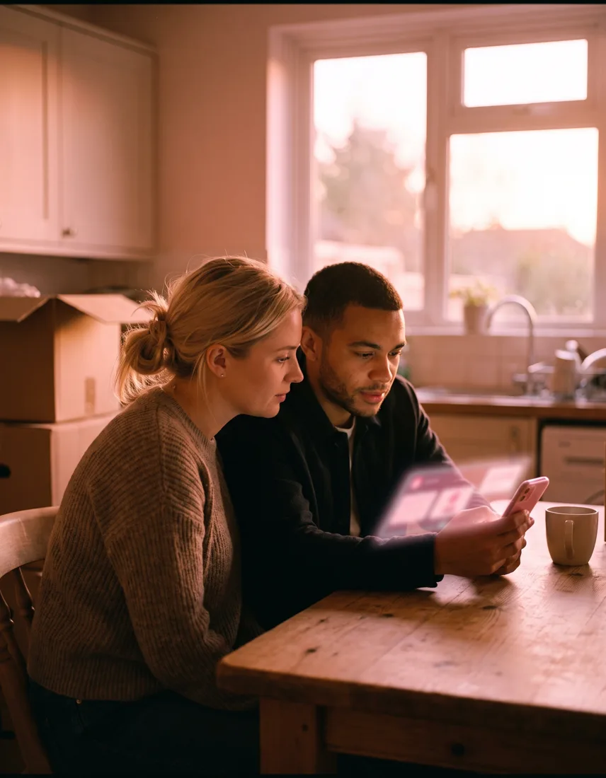 A young couple at their kitchen table looking at a property listing on a phone, moving boxes visible in the background