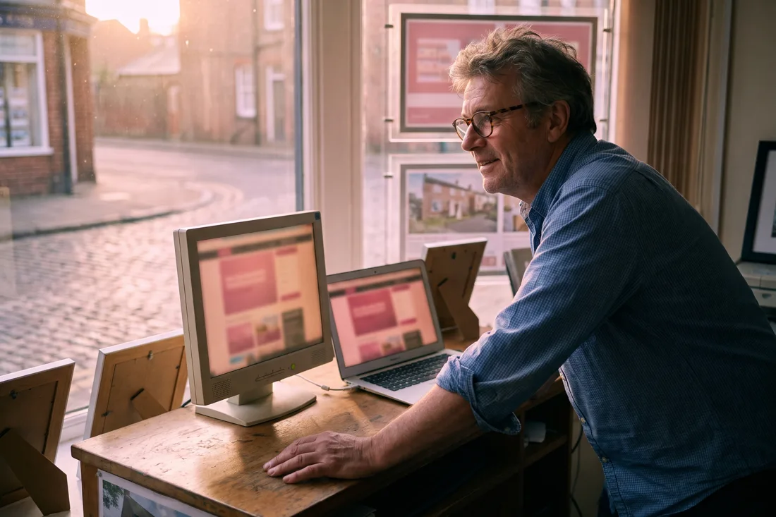 A sole-trading estate agent at the counter of a small high-street branch, glancing between an older desktop terminal and a laptop