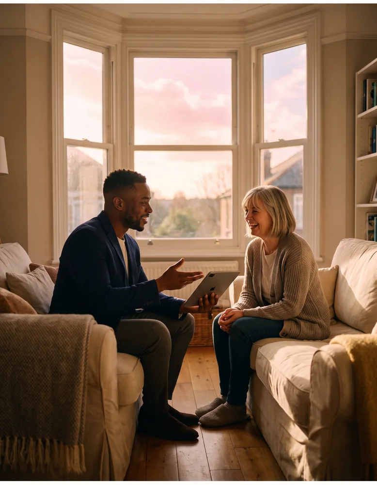 An estate agent in the bay window of a modern British living room, tablet in hand, talking with a homeowner as the sun sets