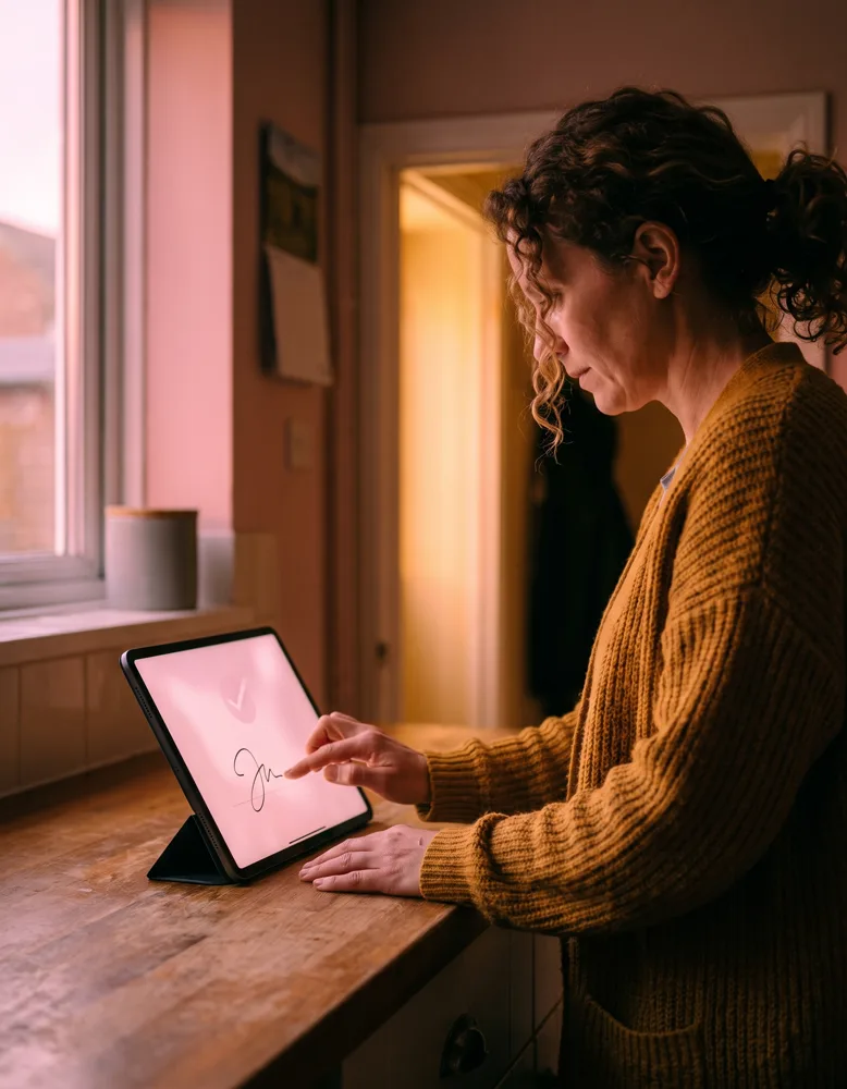 A phone lights up with a soft pink notification glow on a kitchen counter in a modern British home, evening light from the next room