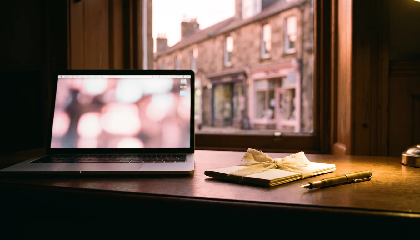 A laptop on a branch office desk shows a document editor with signature field markers, beside a ribbon-tied bundle of paperwork and a fountain pen, a British high street visible through the window