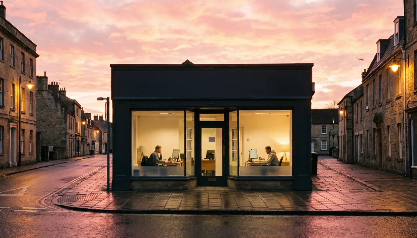 Inside a modern British high-street estate agency branch at dusk, glowing screens showing a scored map, letters and analytics, agents at work, a rainy high street beyond the glass