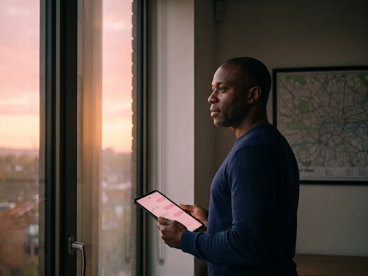 An estate agent at a branch office window at dusk, glancing at a glowing chat panel on a tablet, a wall map of the local patch behind him