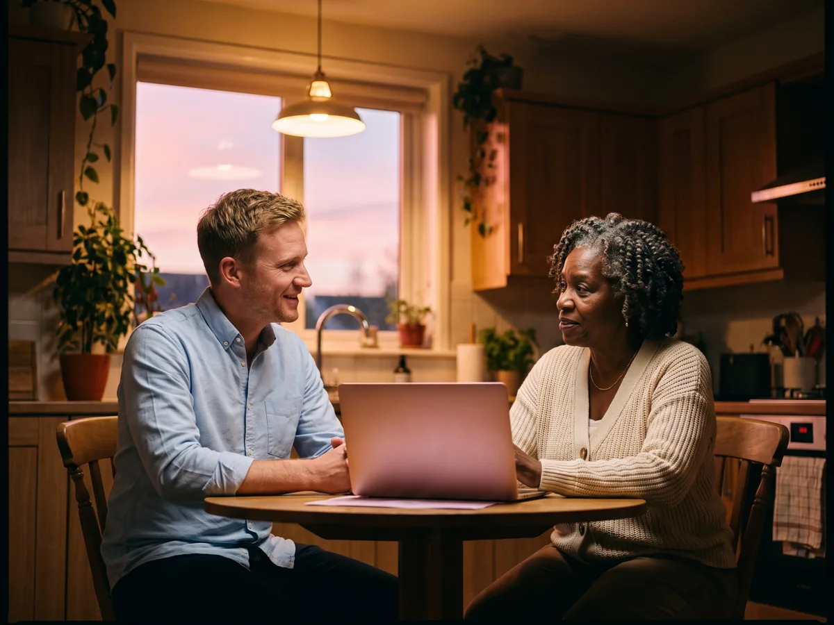 An estate agent at a homeowner's kitchen table in the evening, laptop open showing a glowing pink chat panel, in conversation with the homeowner