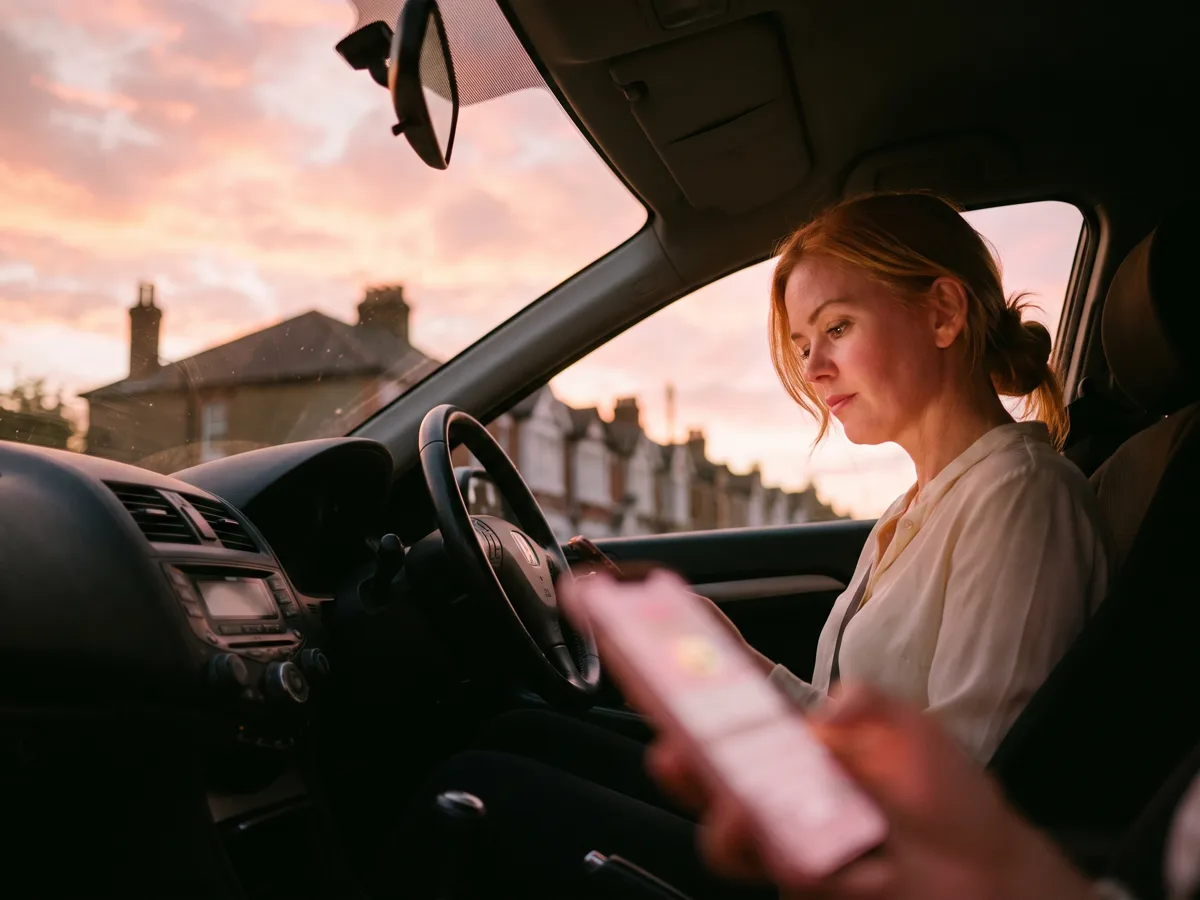 An estate agent sitting in a parked car outside a British terraced house at dusk, glancing down at a phone showing a chat panel