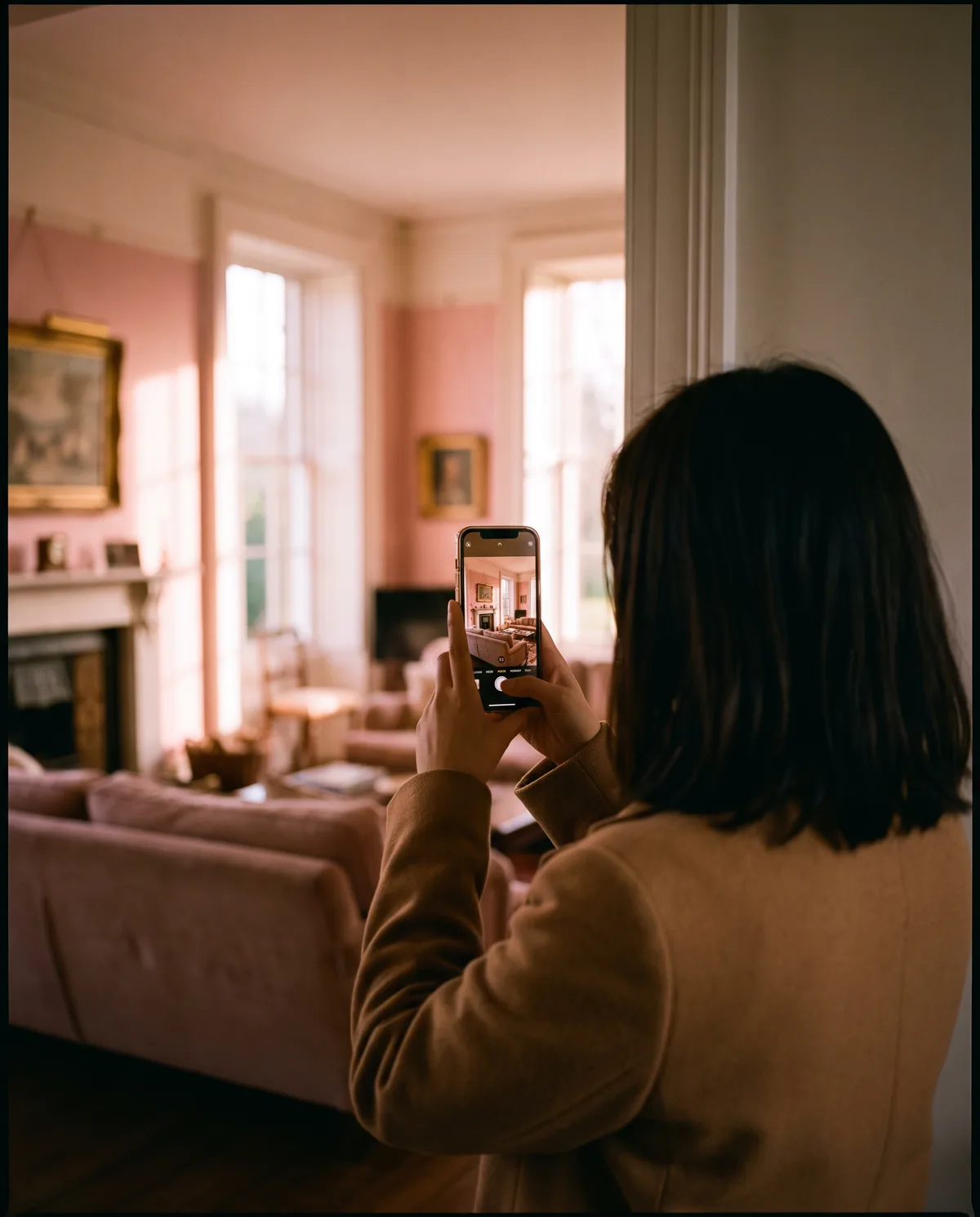 Over the shoulder of a young estate agent as she photographs a sunlit pink period living room on her phone, the room framed on her screen
