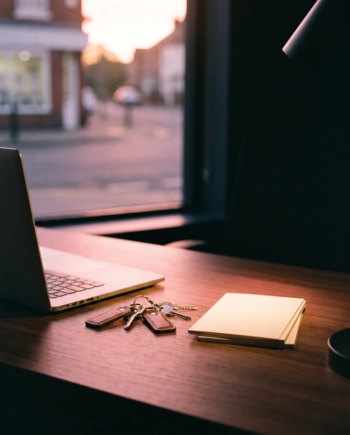 House keys on leather fobs beside a laptop and brochures on a branch desk at dawn