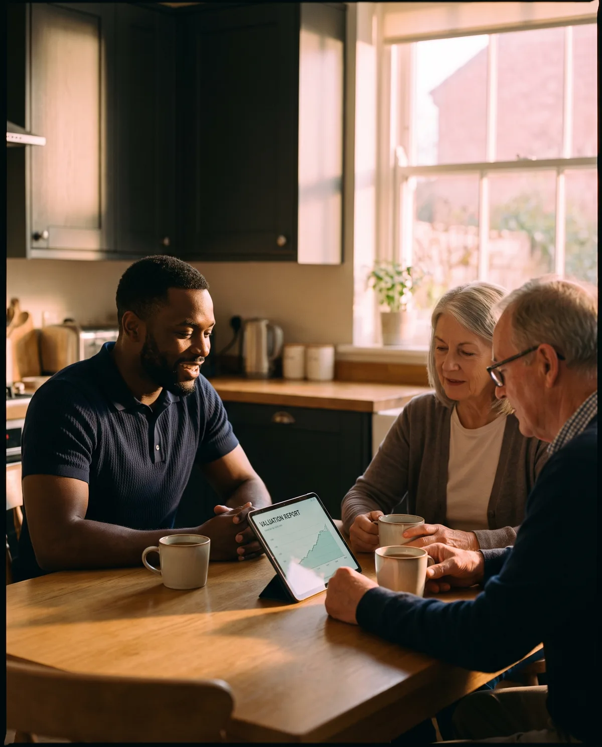 An estate agent at a warm kitchen table taking a couple through a valuation on a tablet in morning light