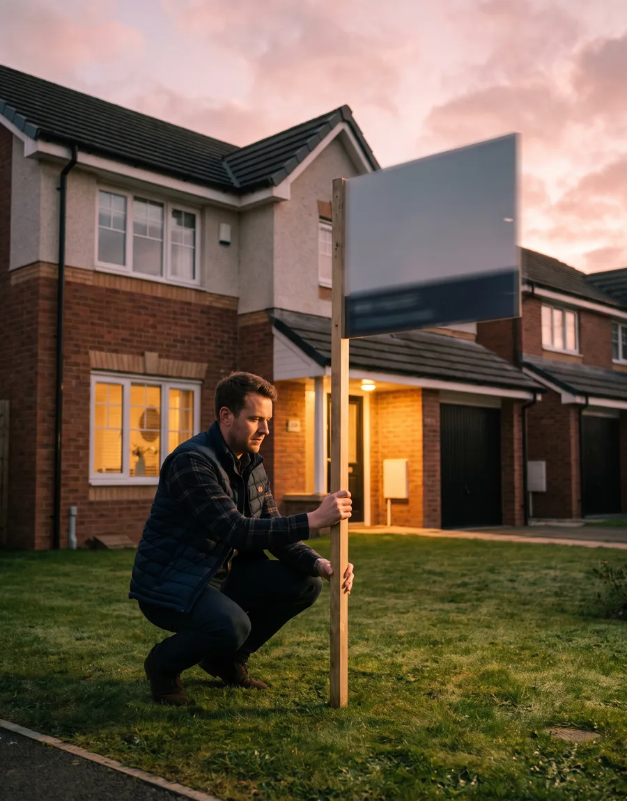 An estate agent fixing a For Sale board into the front garden of a modern British semi-detached house at dusk, warm porch light glowing behind them