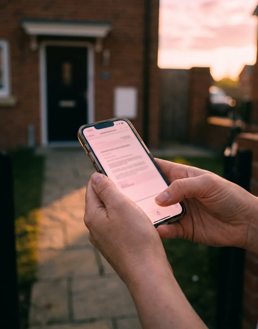 A close view of hands holding a phone on the front path of a modern British terraced house, the screen glowing with a rose-pink title document icon, dusk light